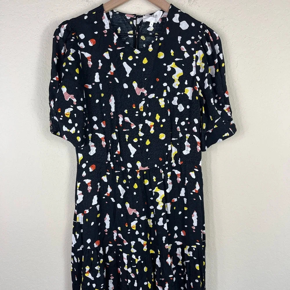 Ba&sh Tonya Gathered Printed Satin Jacquard Midi Dress in Black Spotted Size 2 - Picture 7 of 12